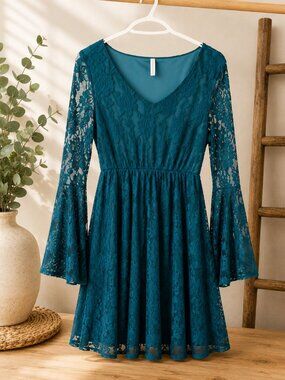 PinkBlush Teal Lace Bell Sleeve Dress | Romantic Boho Dress | Small